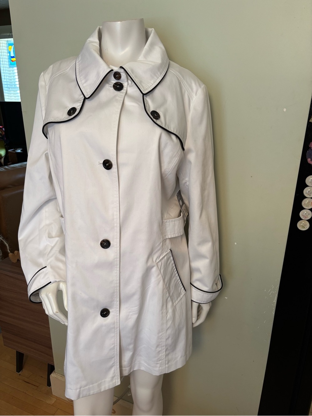 Jessica White Trench Coat with Black Piping